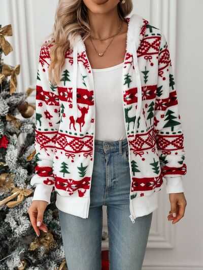 Festive White Drawstring Hooded Jacket for Winter Celebrations
