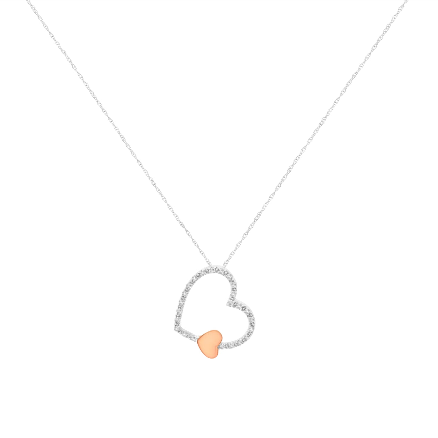 10KT Two Tone Gold Diamond Floating Heart Pendant Necklace