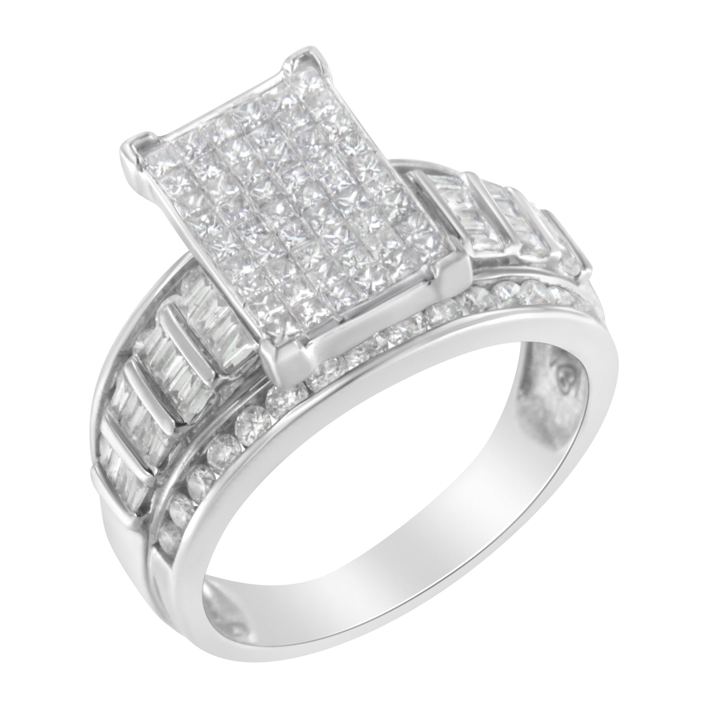 14K White Gold Mixed-Cut Diamond Rectangle Cluster Ring - Size 5
