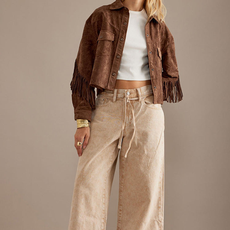 Manteau Trench Élégant Marron avec Détails en Frange au Col