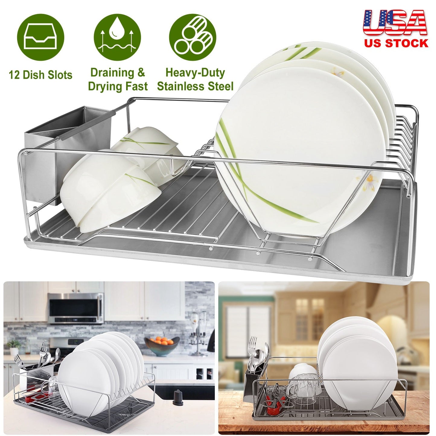 Escurridor de Platos de Acero Inoxidable Premium con Soporte para Cubiertos