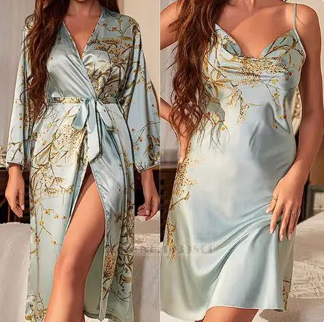 Ensemble de Chemise de Nuit et Robe en Satin à Imprimé Cerise