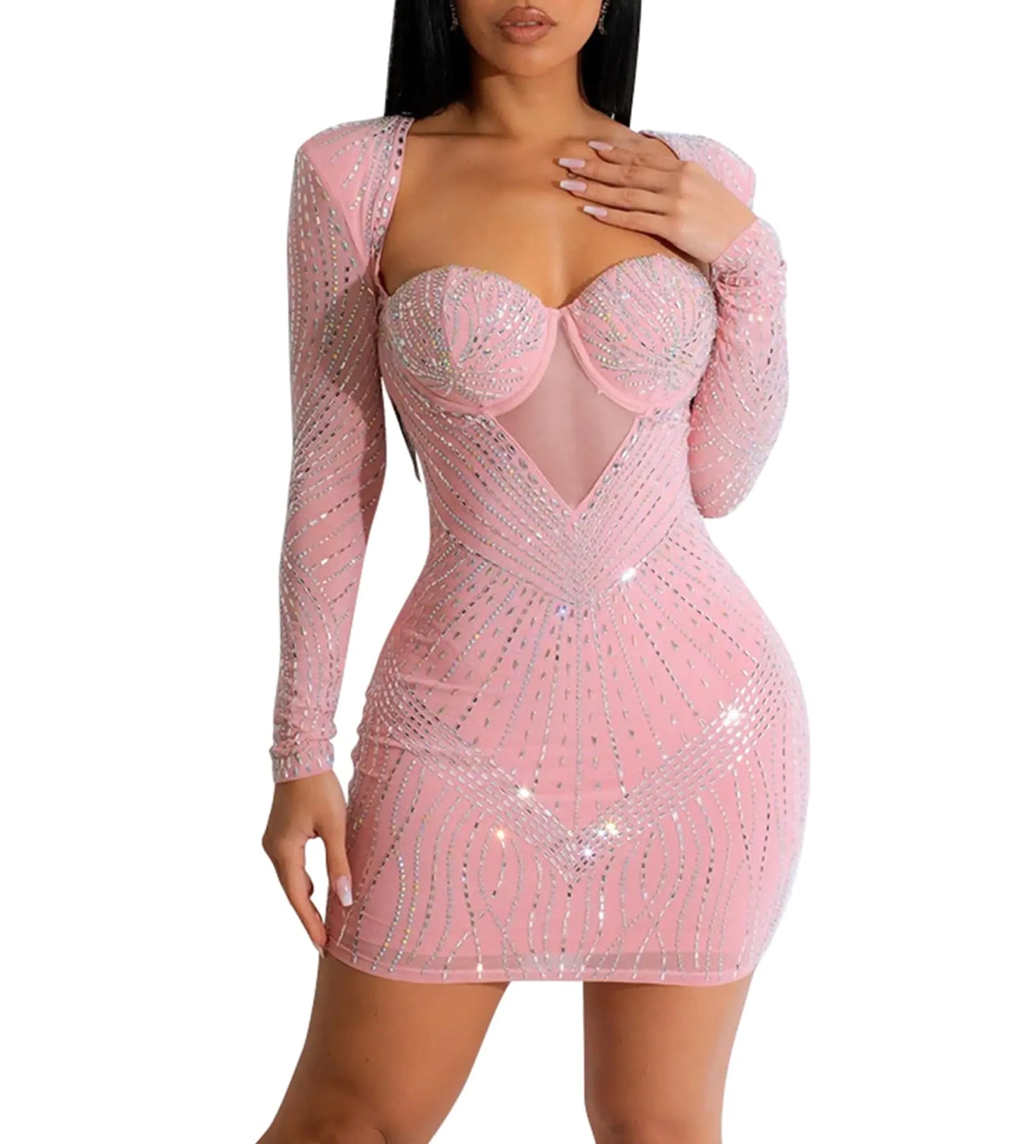Zoctuo Women's Elegant Rhinestone Long Sleeve Dress