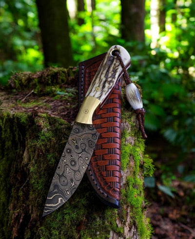 Premium Raindrop Damascus Steel Hunting Knife with Antler Handle - Korvel
