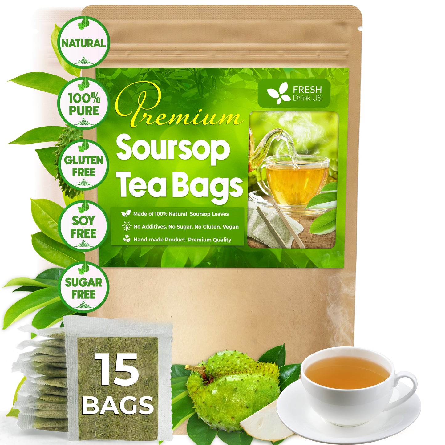Premium Soursop Leaves Tea bags, Dried Soursop Leaves, Soursop Leaf Powder, Guanabana Leaves Tea, Hoja Guanabana Tea - Korvel
