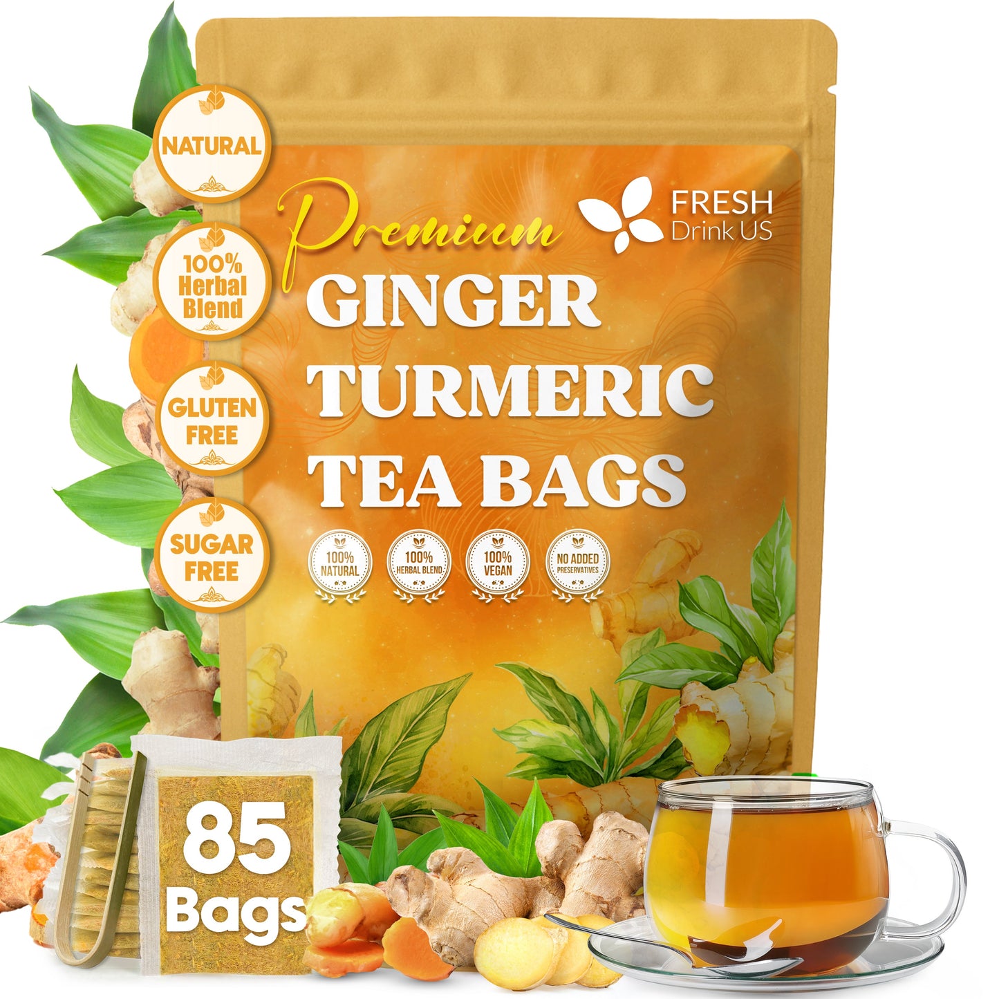 Premium Ginger Turmeric Tea Bags - Handcrafted Herbal Blend