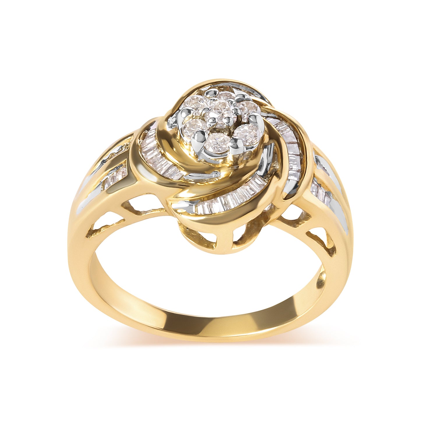 Bague cocktail en or jaune 10K avec diamants en forme de fleur - Taille 7