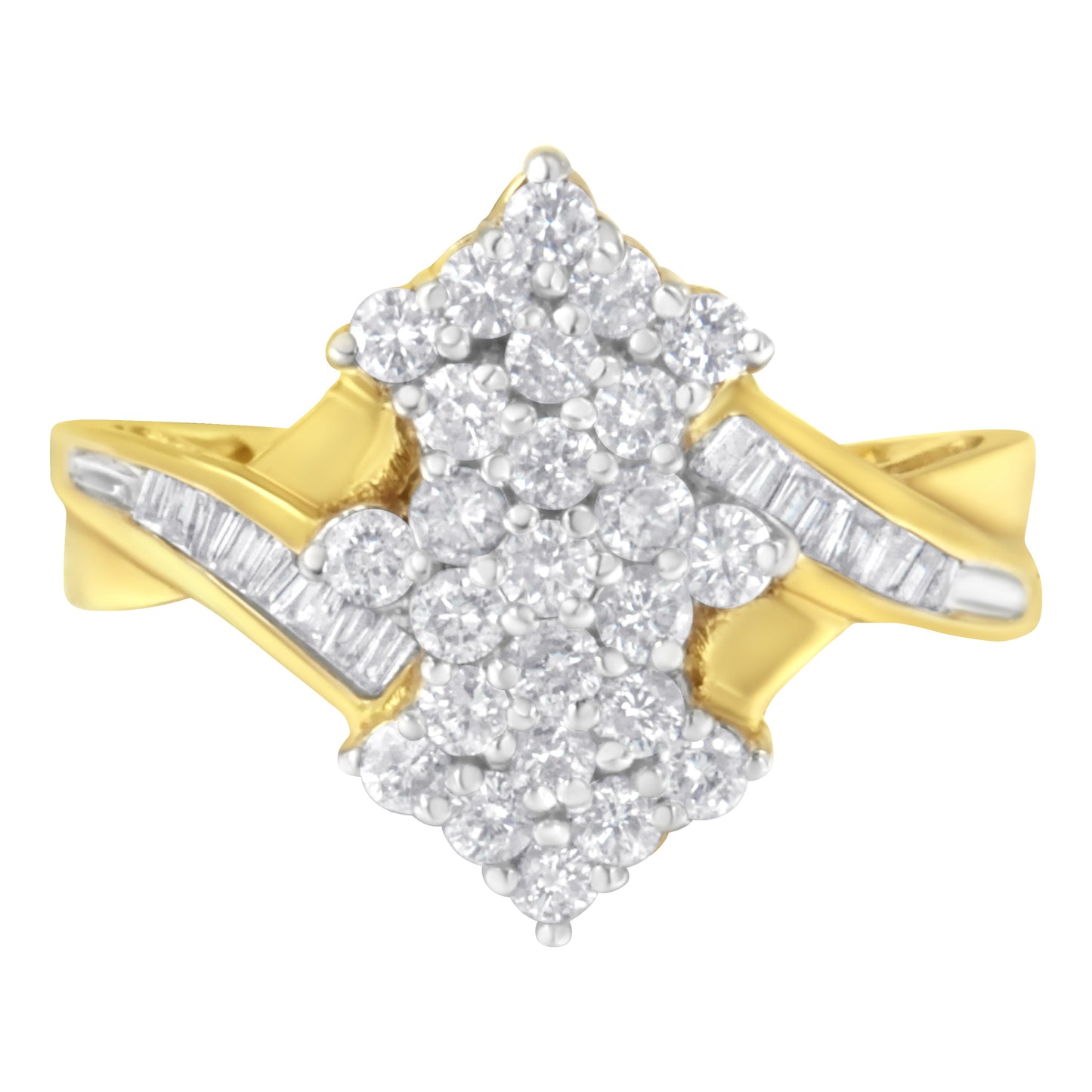 10K Yellow Gold Round and Baguette Cut Diamond Cluster Ring - Size 7