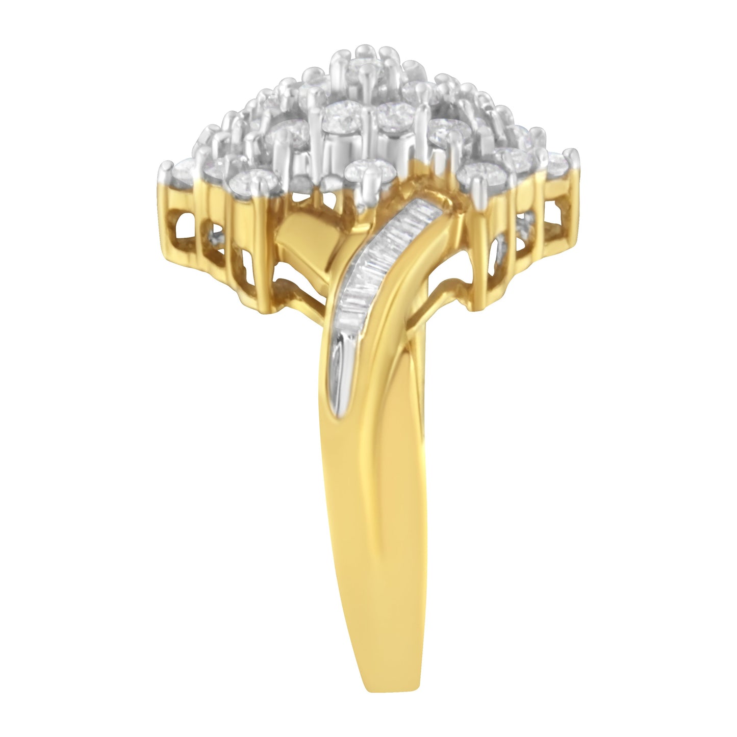 10K Yellow Gold Round and Baguette Cut Diamond Cluster Ring - Size 7