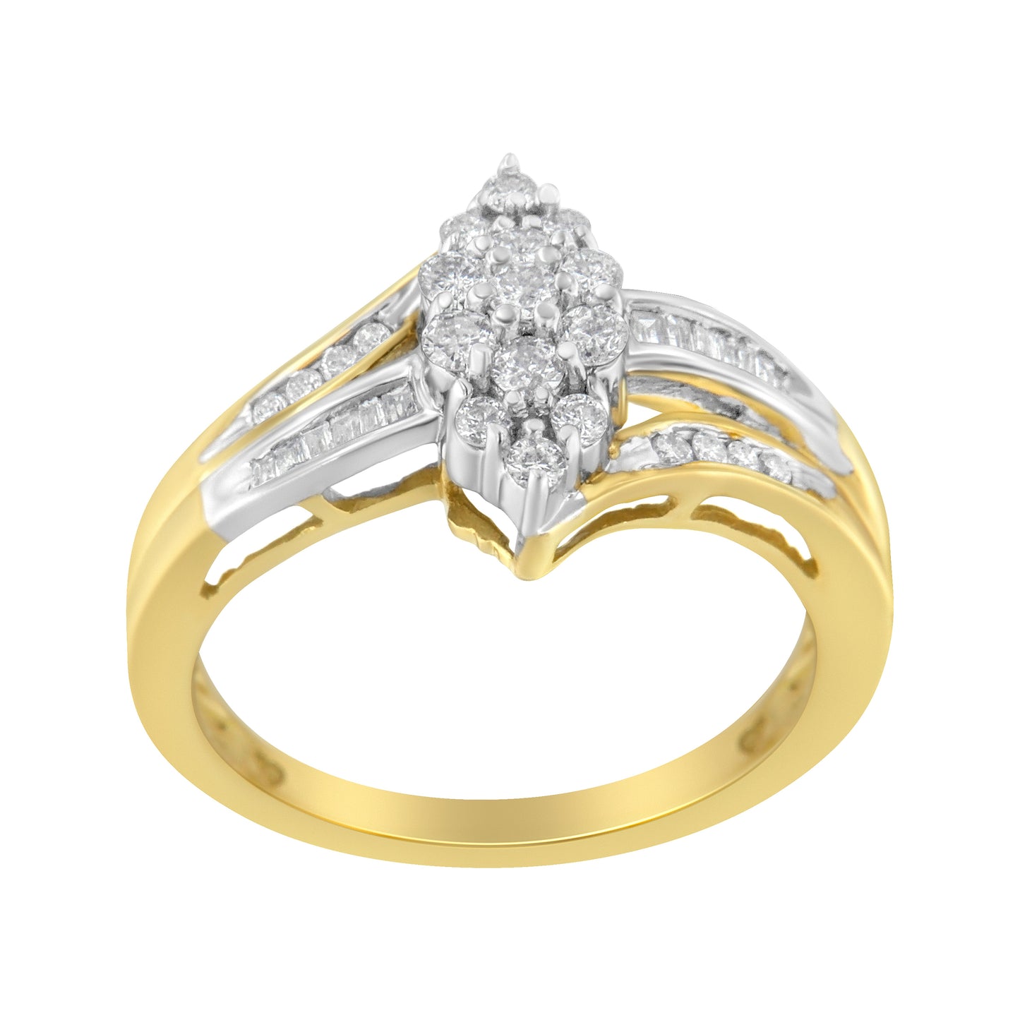 Anillo de Clúster de Diamantes en Forma de Marquesa de Oro Amarillo y Blanco de 10K - Talla 7