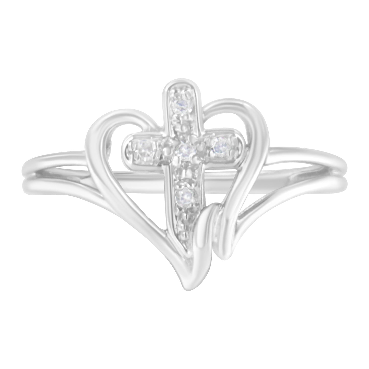 Anillo de Promesa con Cruz y Corazón Acentuado con Diamantes de Oro Blanco de 10K - Talla 7