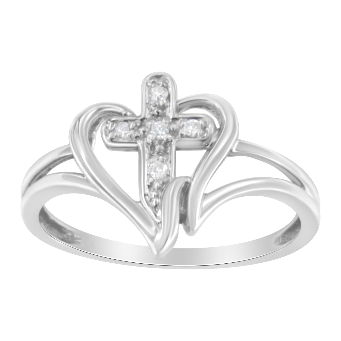 Anillo de Promesa con Cruz y Corazón Acentuado con Diamantes de Oro Blanco de 10K - Talla 7