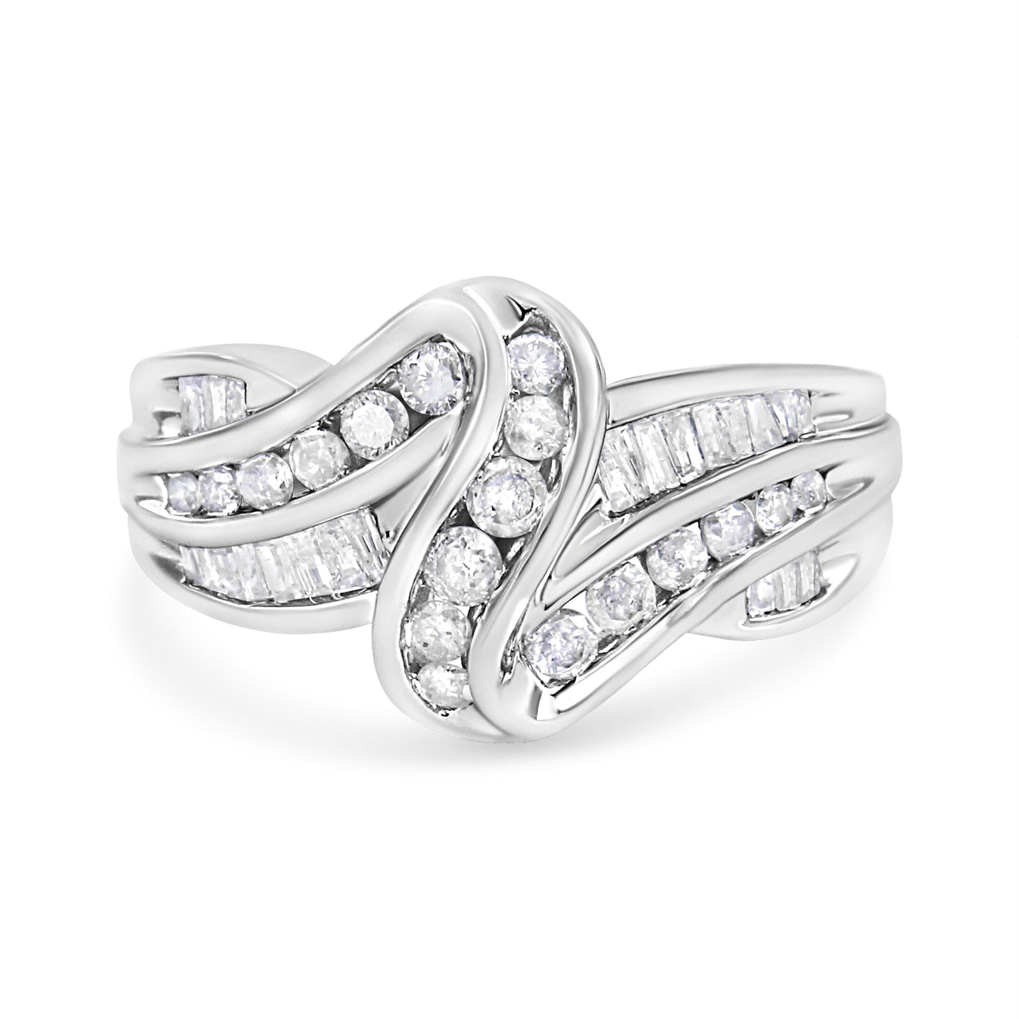 Bague Bypass en Or Blanc 10K avec Diamants Ronds et Baguette - Taille 6