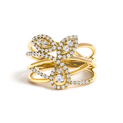 10K Yellow Gold 1/2 Cttw Diamond Crossover Floral Cocktail Ring - Size 7