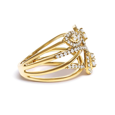 10K Yellow Gold 1/2 Cttw Diamond Crossover Floral Cocktail Ring - Size 7