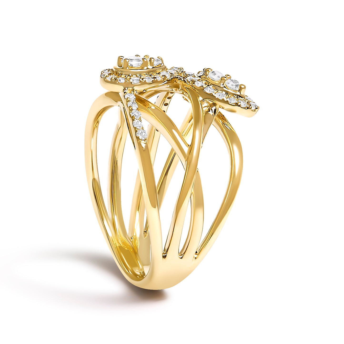 10K Yellow Gold 1/2 Cttw Diamond Crossover Floral Cocktail Ring - Size 7