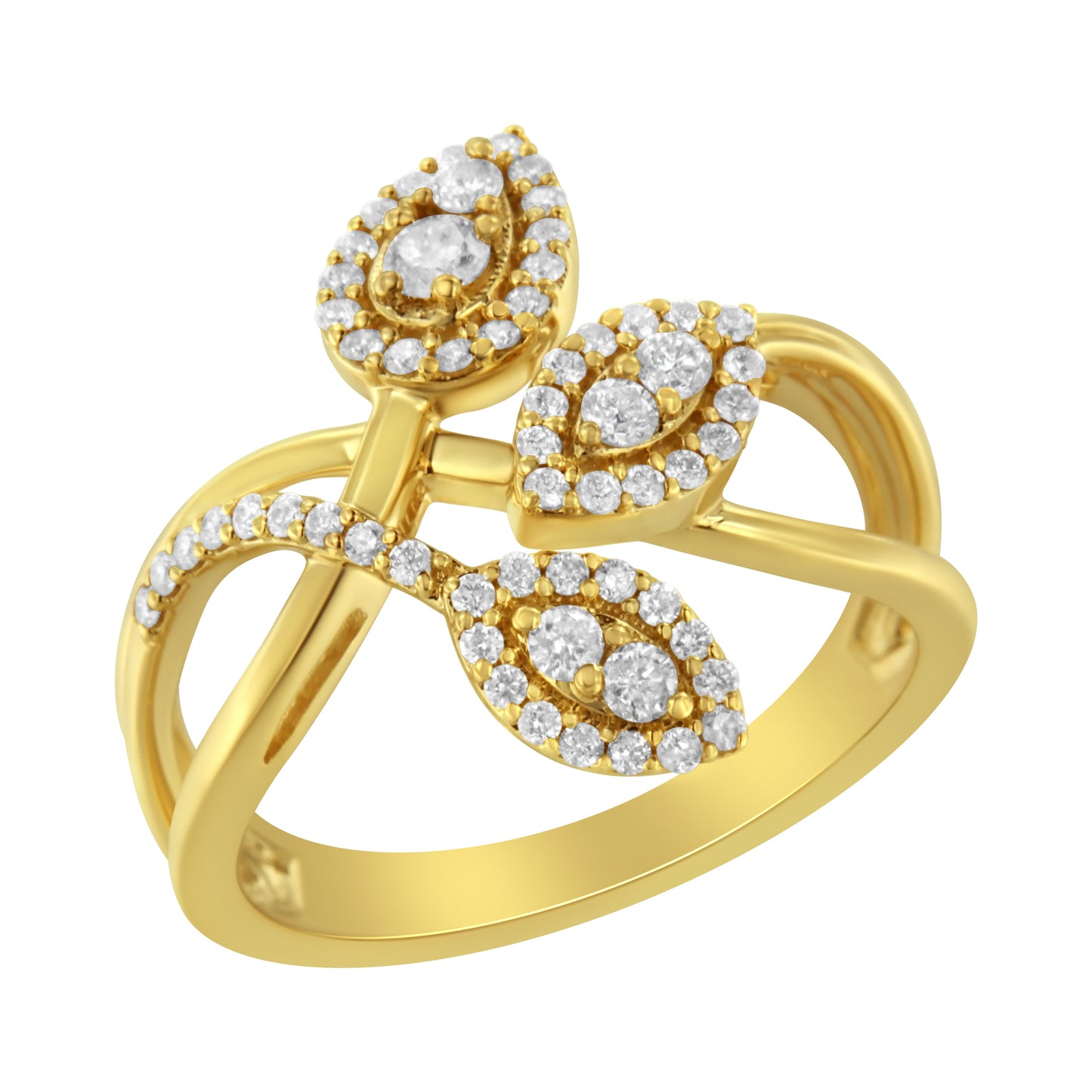 10K Yellow Gold Diamond Layered Crossover Leaf Ring - Size 7