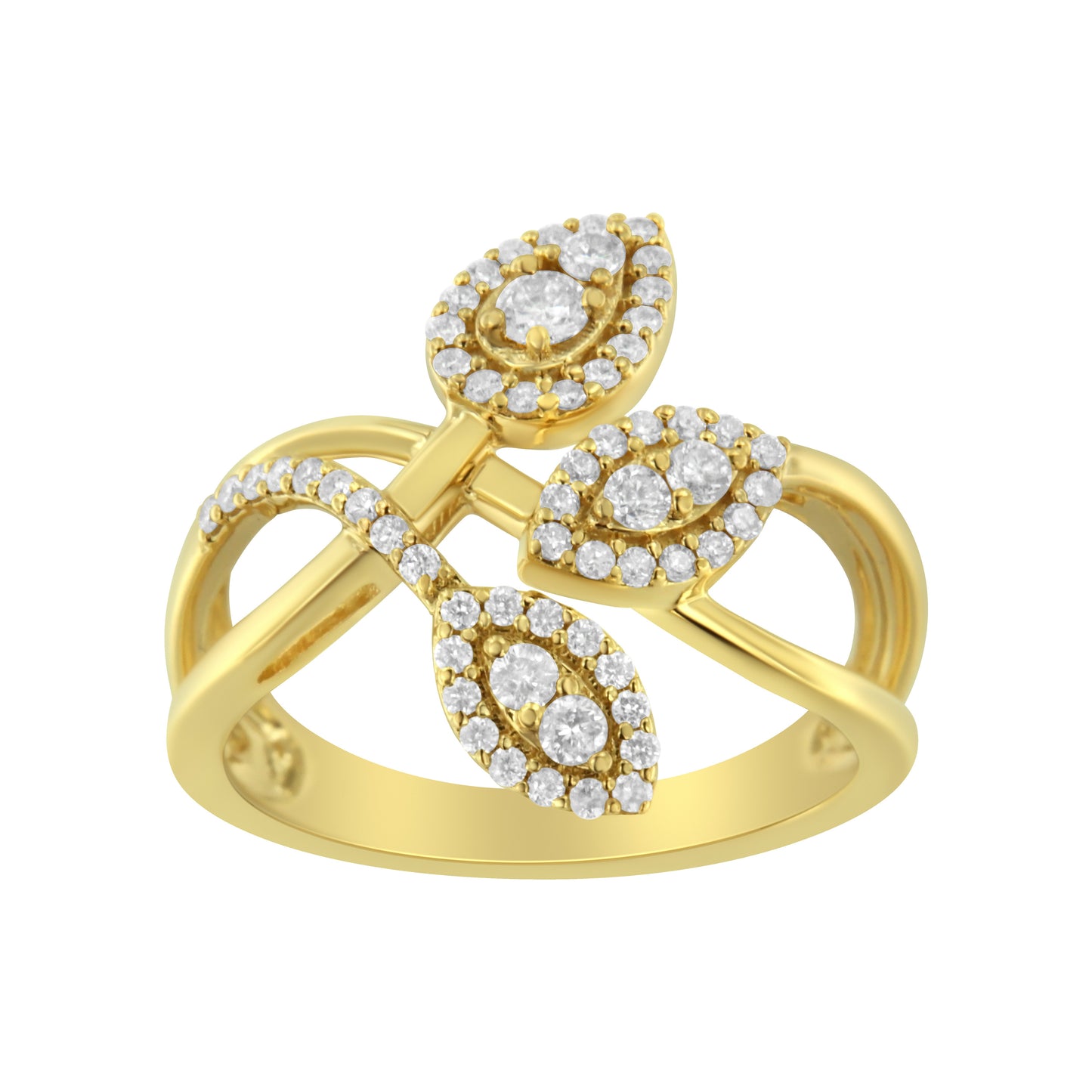 10K Yellow Gold Diamond Layered Crossover Leaf Ring - Size 7