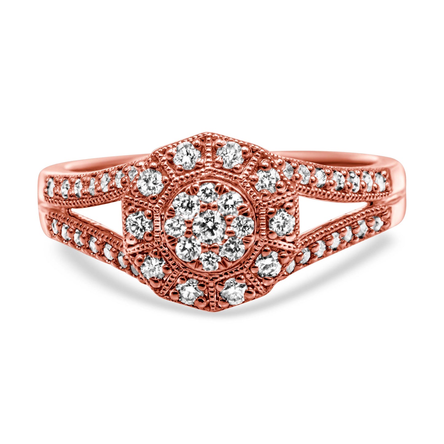 Bague cocktail en argent sterling plaqué or rose 14K avec halo de diamants pavés - Taille 6