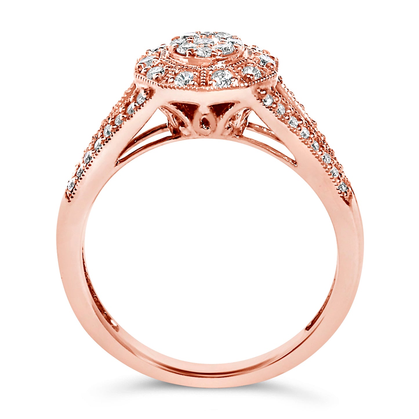 Bague cocktail en argent sterling plaqué or rose 14K avec halo de diamants pavés - Taille 6