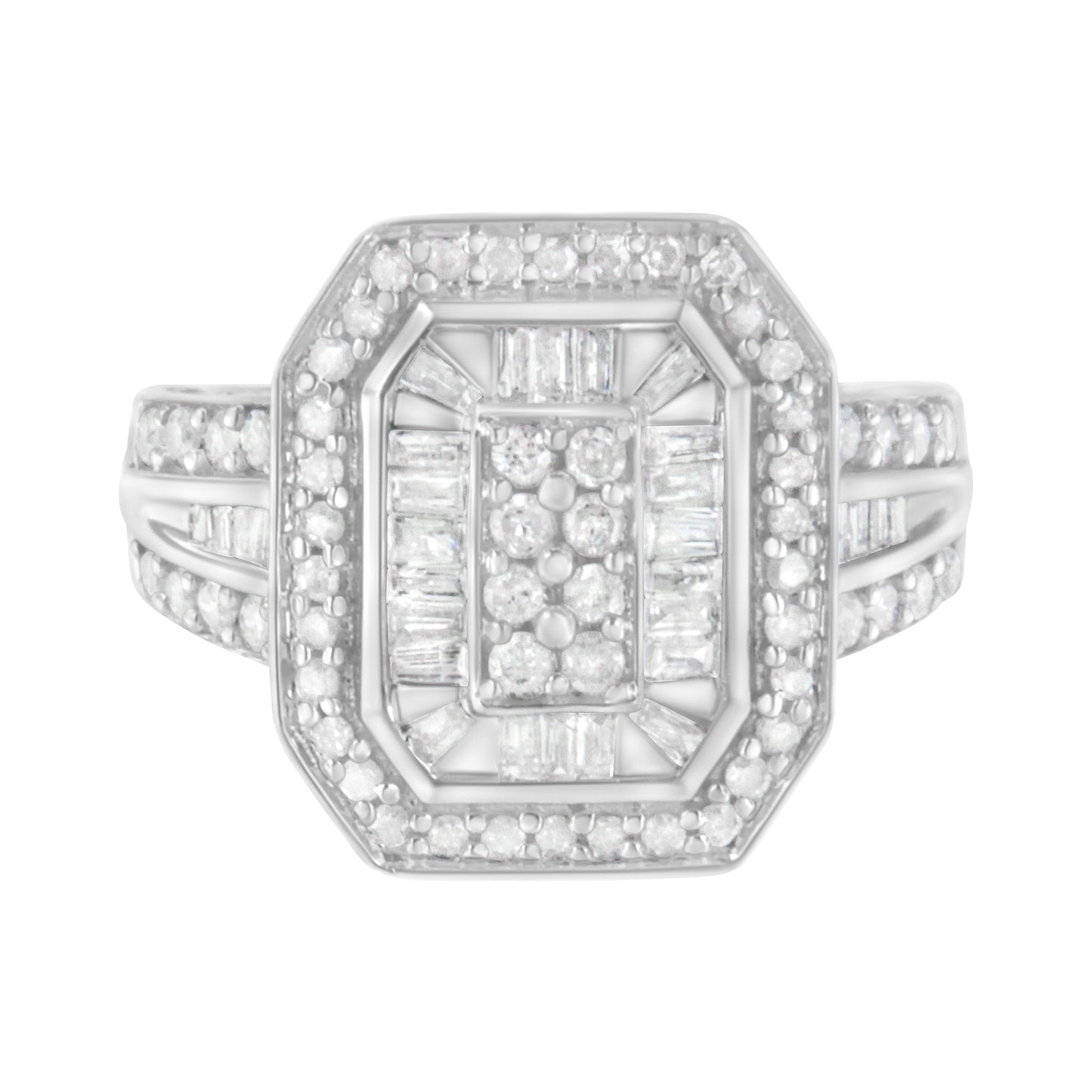 .925 Sterling Silver Round and Baguette Diamond Cathedral Ring - Size 7