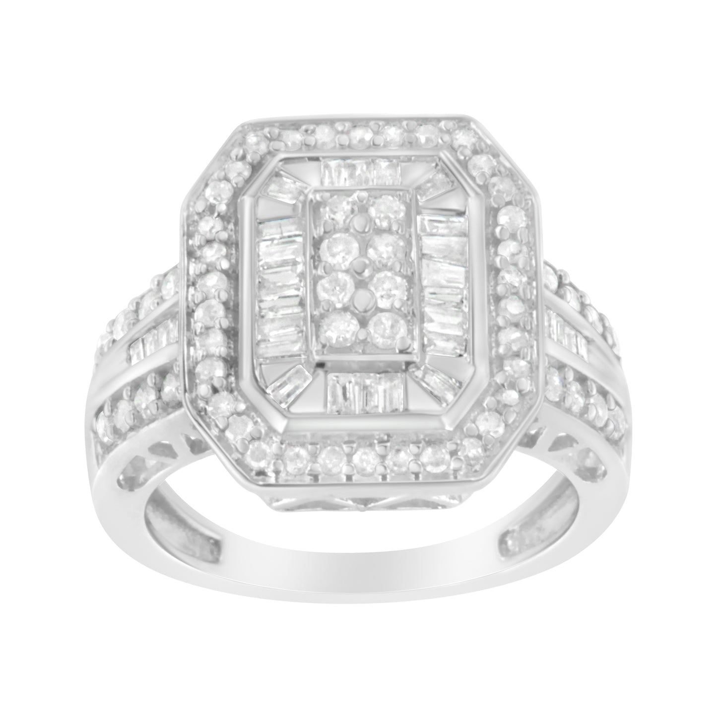.925 Sterling Silver Round and Baguette Diamond Cathedral Ring - Size 7