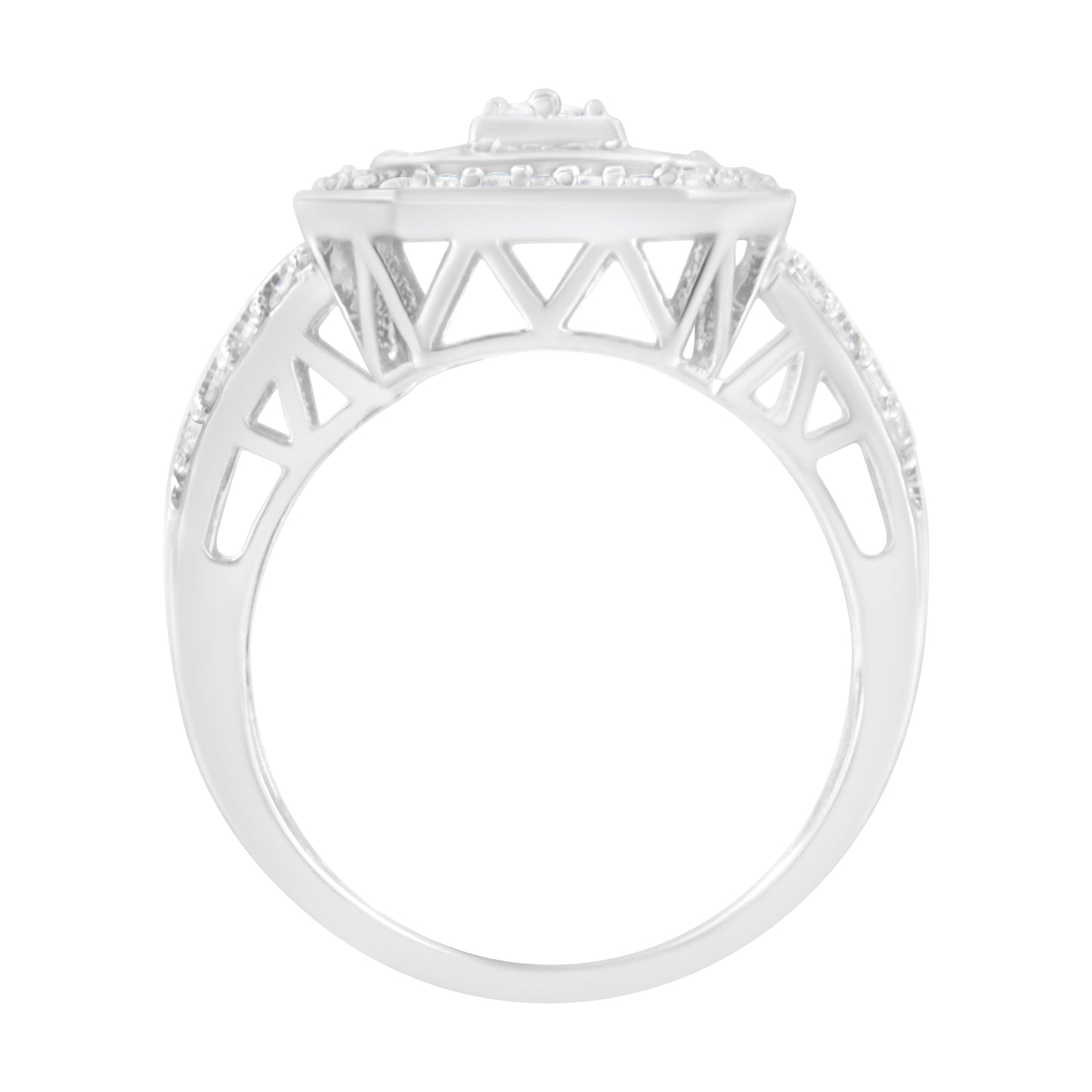 .925 Sterling Silver Round and Baguette Diamond Cathedral Ring - Size 7
