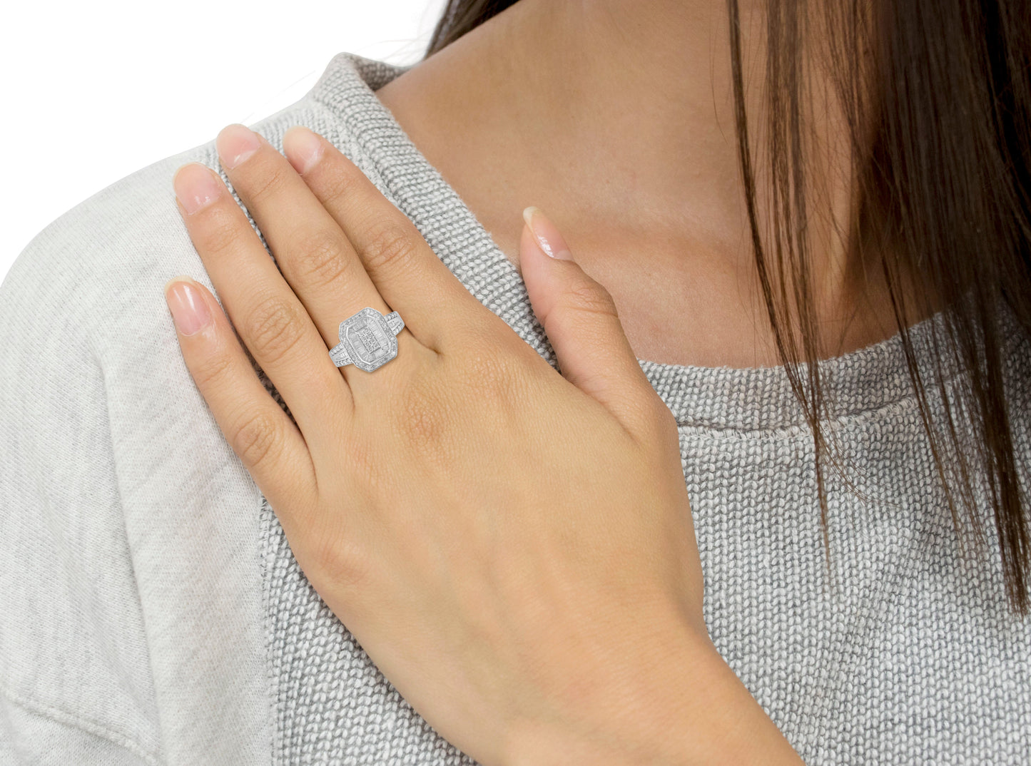 .925 Sterling Silver Round and Baguette Diamond Cathedral Ring - Size 7
