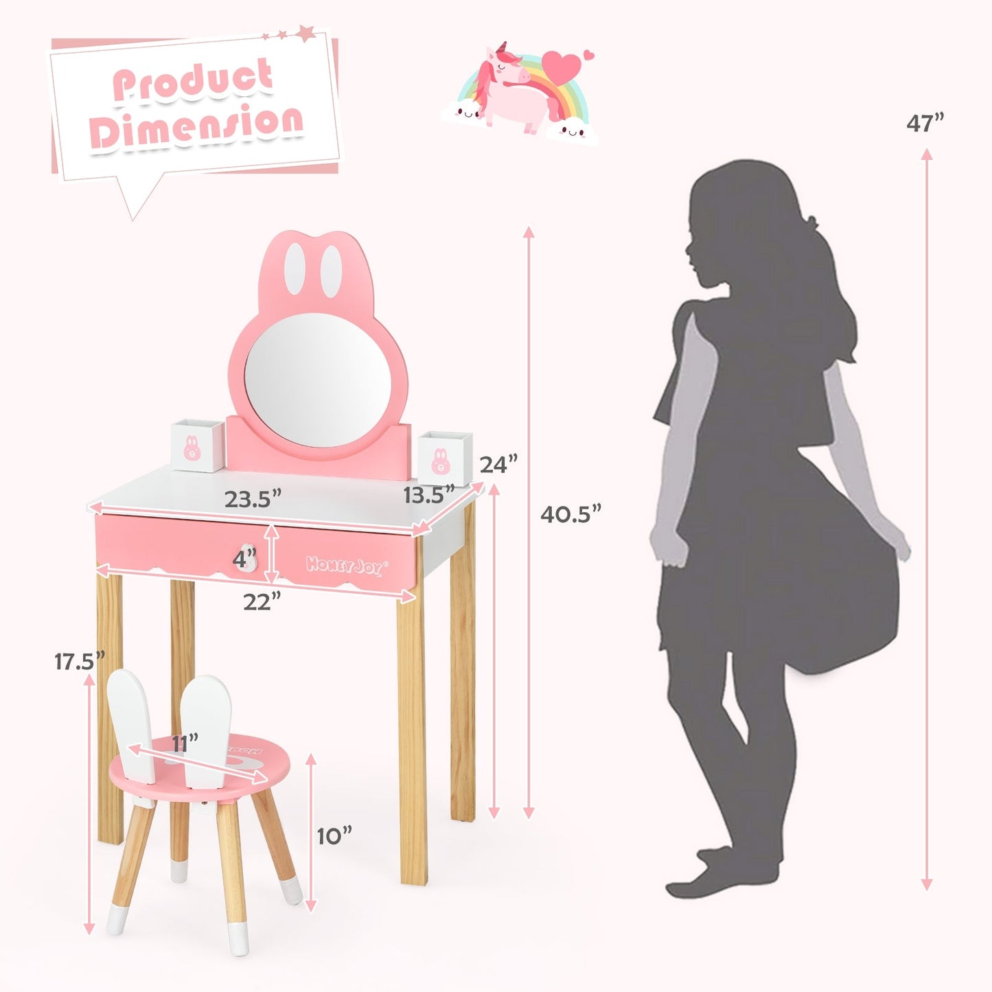 Ensemble de coiffeuse pour enfants avec chaise et miroir en forme de lapin - Blanc
