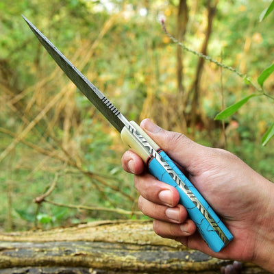 Premium Custom Damascus Steel Hunting Knife – 10-Inch Blade with Ergonomic Resin Handle & Leather Sheath - Korvel
