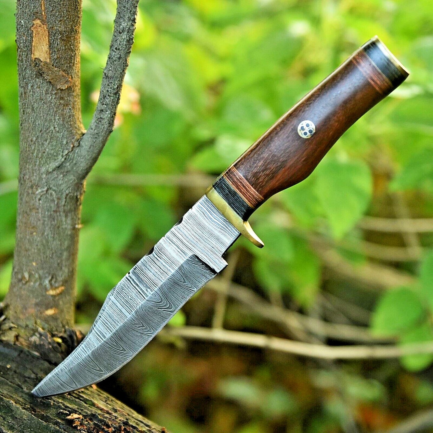 Premium Damascus Steel Hunting Knife – 10" Blade with Elegant Brass Guard & Pakkawood Handle, Includes Leather Sheath - Korvel
