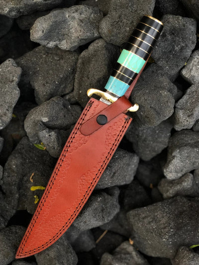 Exquisite Custom Damascus Steel Bowie Knife - 15" Overall, 10" Blade, Turquoise Handle with Brass Accents - Korvel