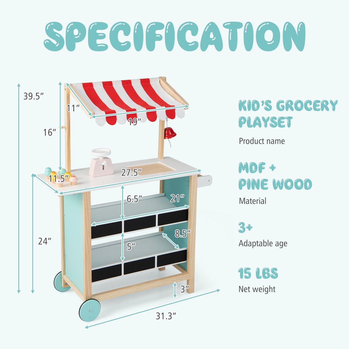 Kids Wooden Ice Cream Cart with Chalkboard and Storage - Red