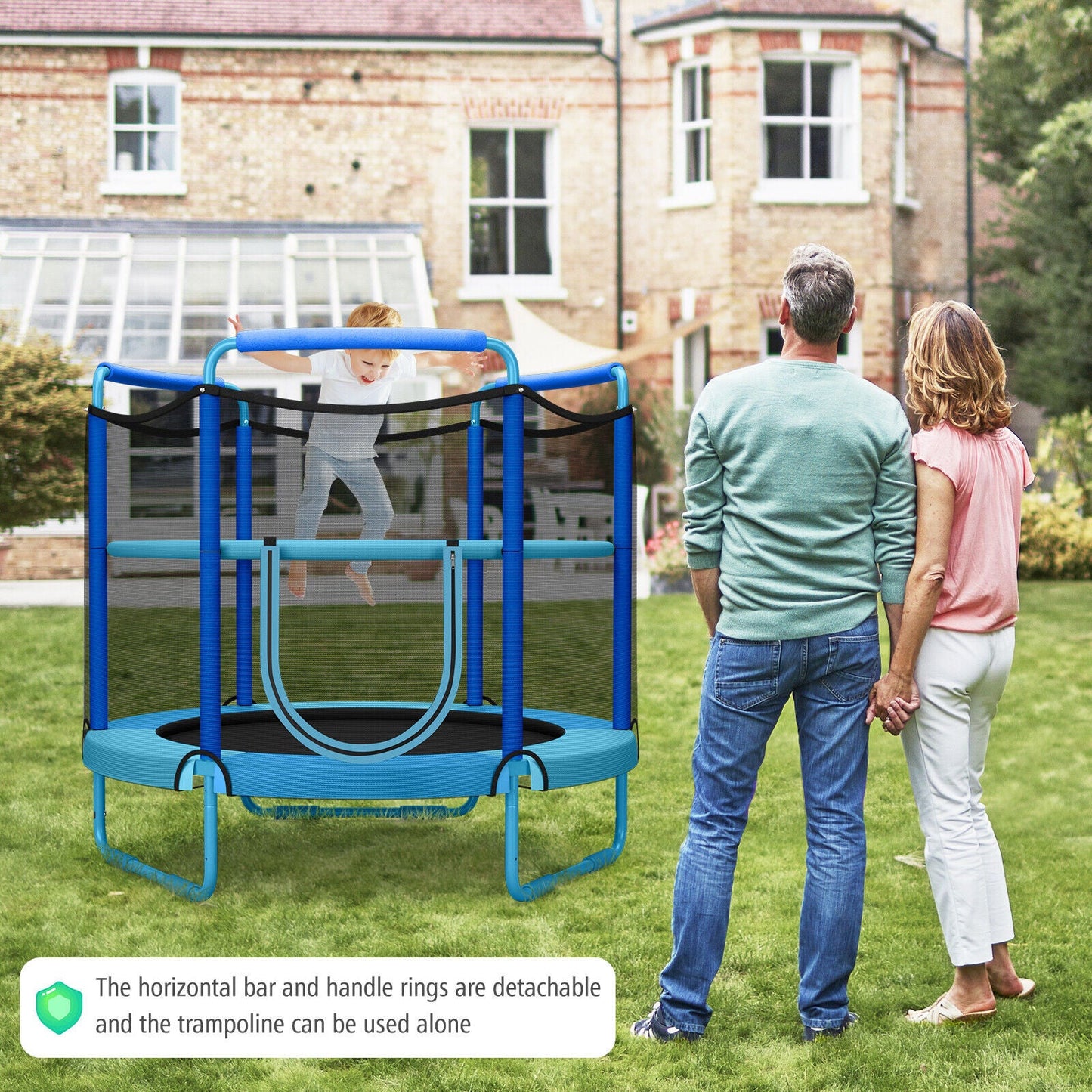 Trampoline de jeu 3-en-1 pour enfants de 1,5 m avec filet de sécurité - Bleu