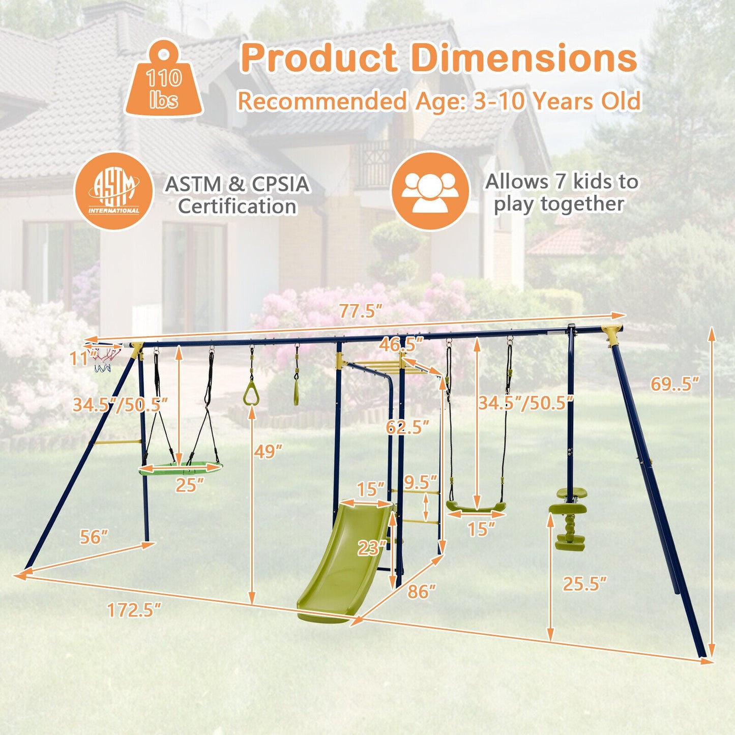Set de columpios al aire libre en forma de A 7 en 1 para niños