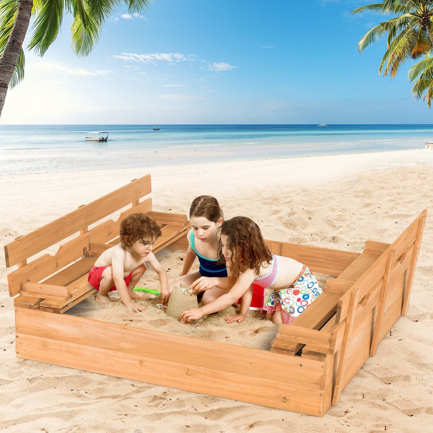 Kids Wooden Sandbox with Foldable Bench Seats