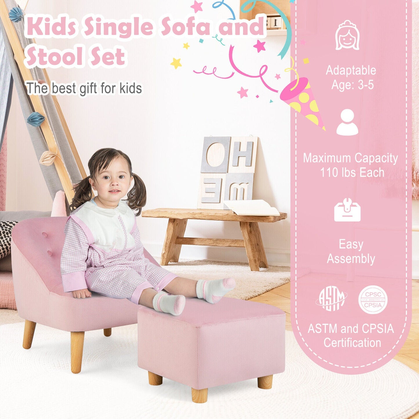 Soft Velvet Kids Sofa Chair with Ottoman - Pink