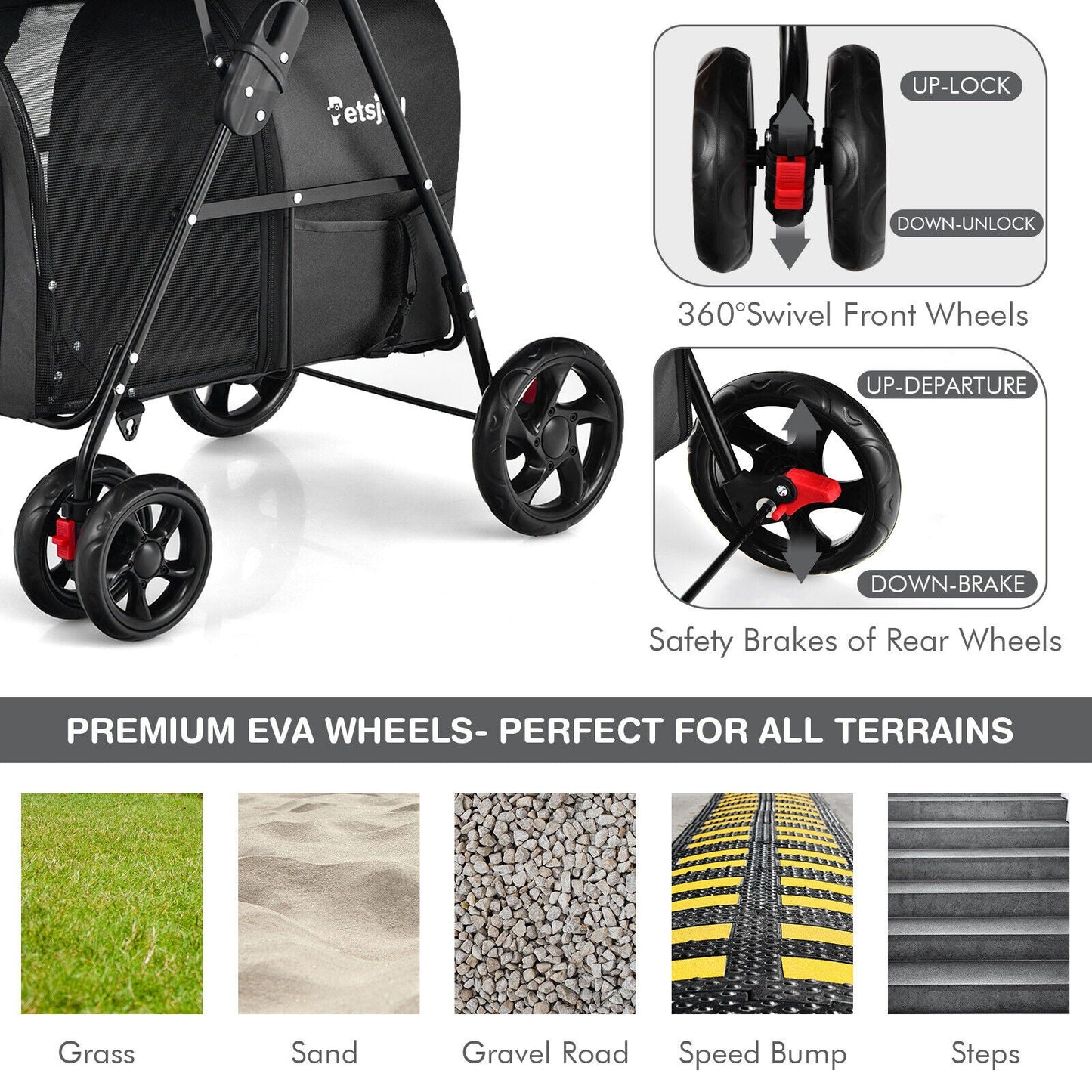 Carrito para Mascotas Doble 4 en 1 con Transportín Desmontable - Negro