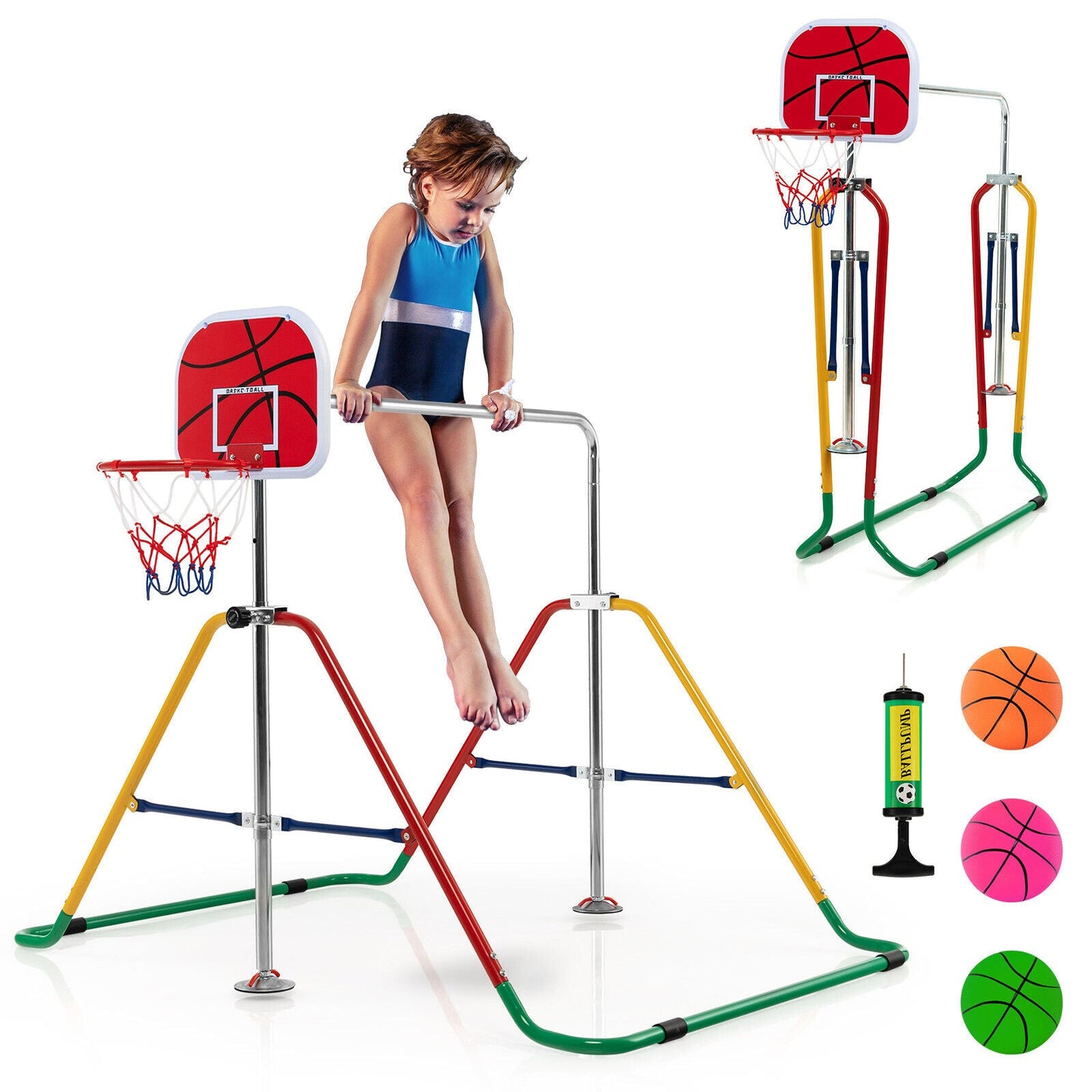 Kids Folding Horizontal Bar with Adjustable Heights - Multicolor