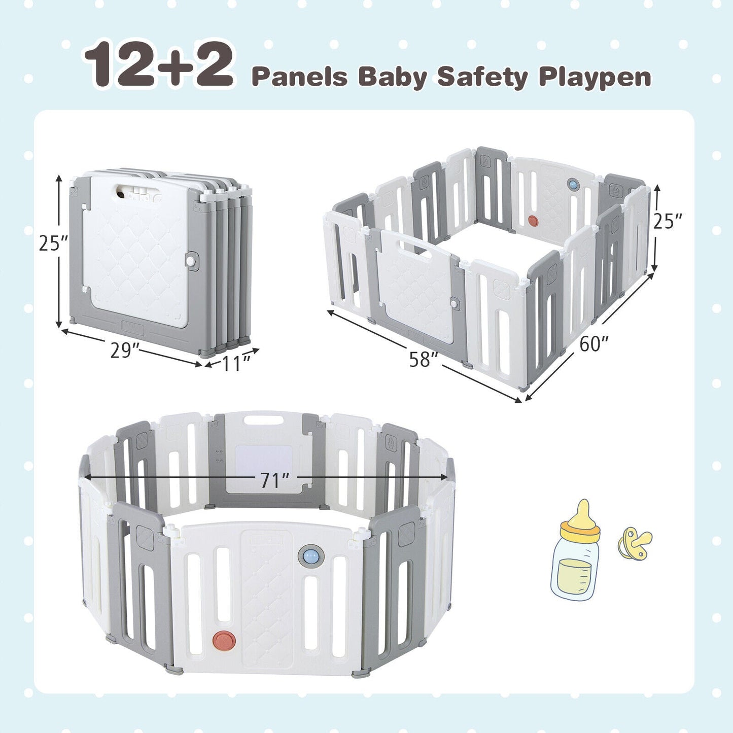 14 Panels Kids Safety Activity Play Center with Drawing Board - Gray