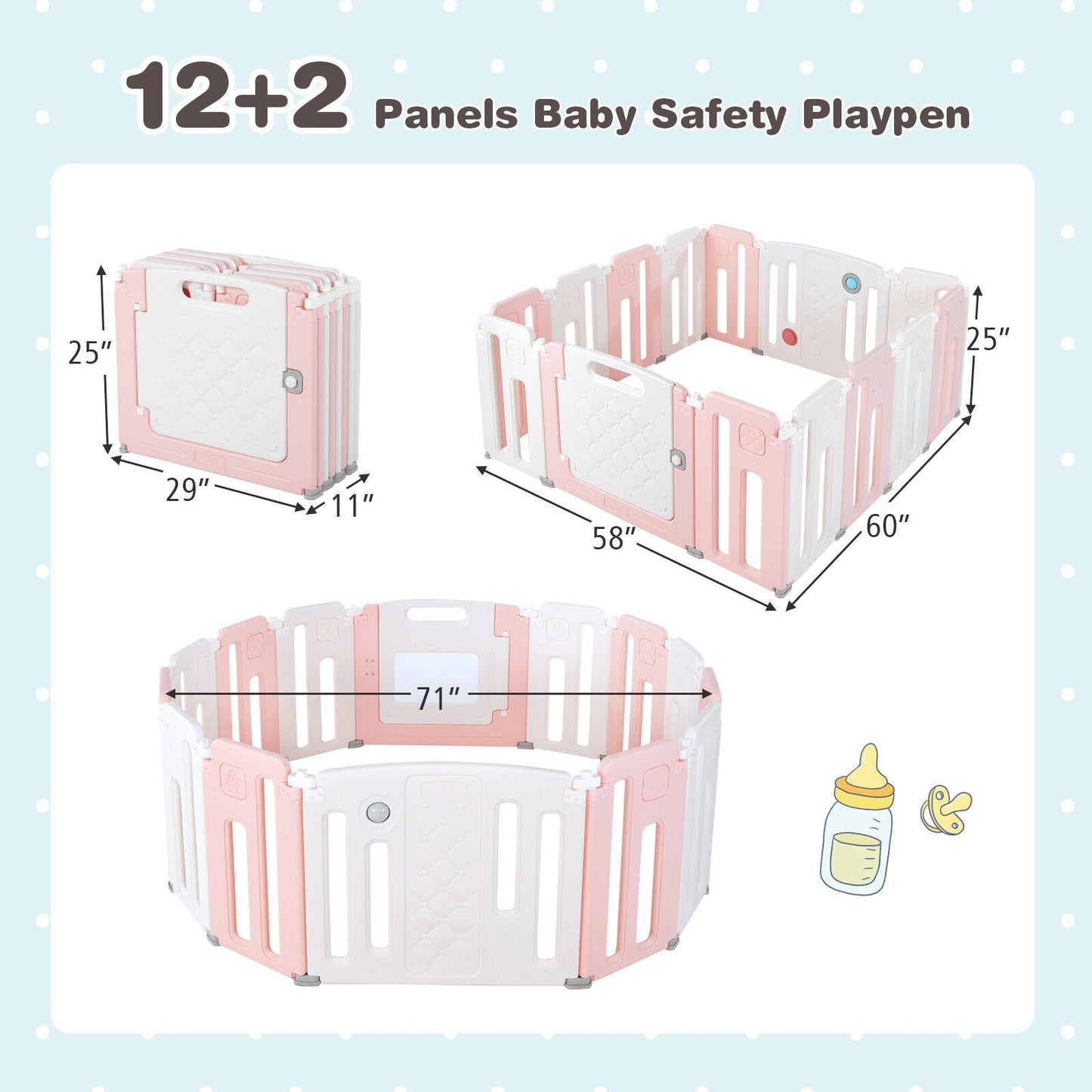 14 Panels Kids Safety Activity Play Center with Drawing Board - Pink