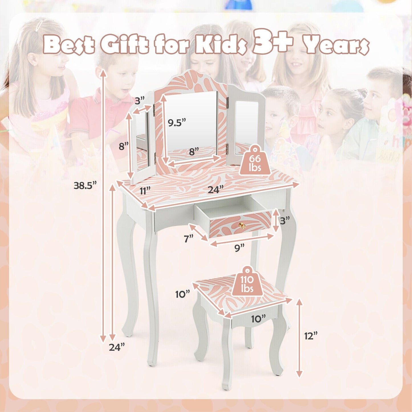 Ensemble de coiffeuse pour enfants 2-en-1 avec miroir pliant - Rose