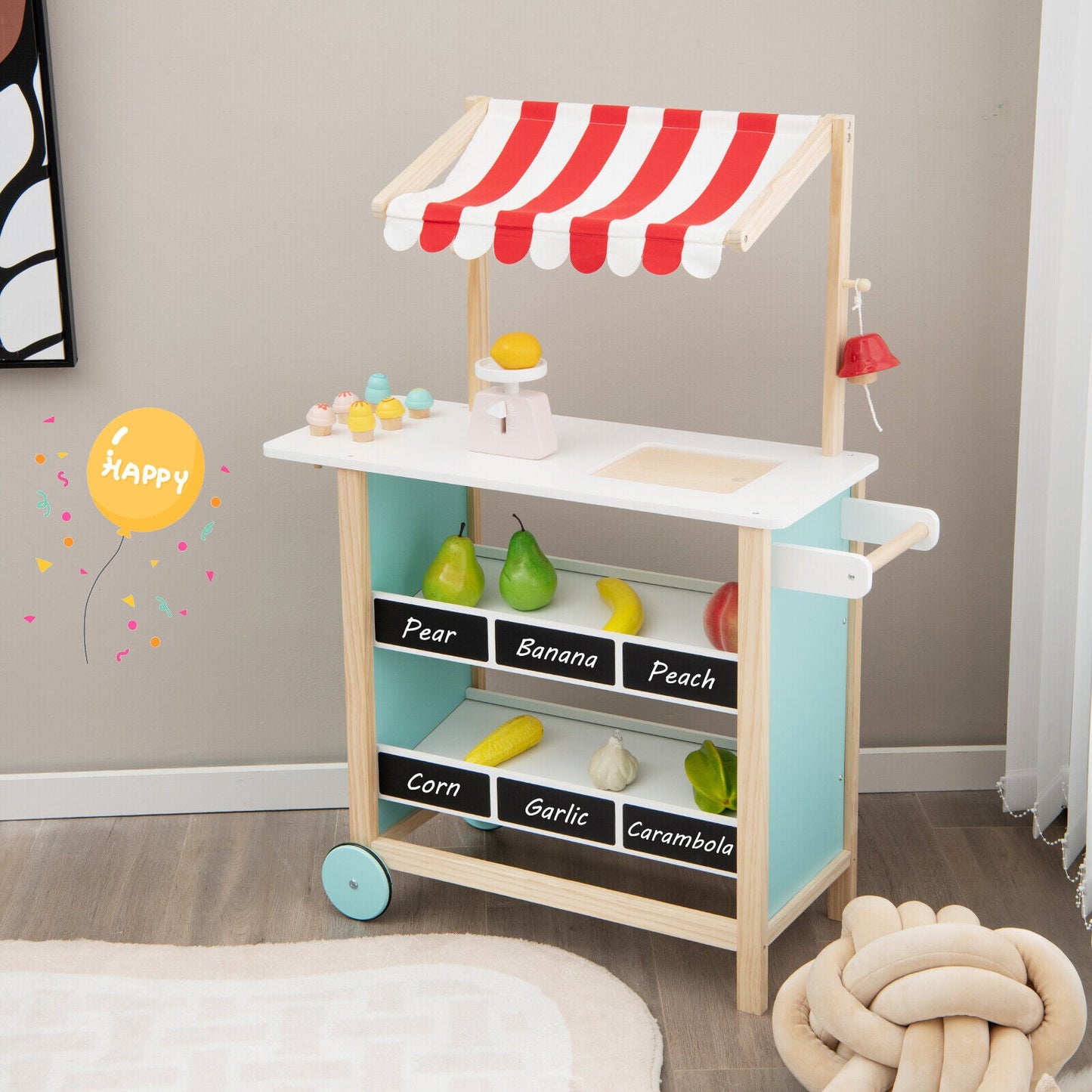 Kids Wooden Ice Cream Cart with Chalkboard and Storage - Red