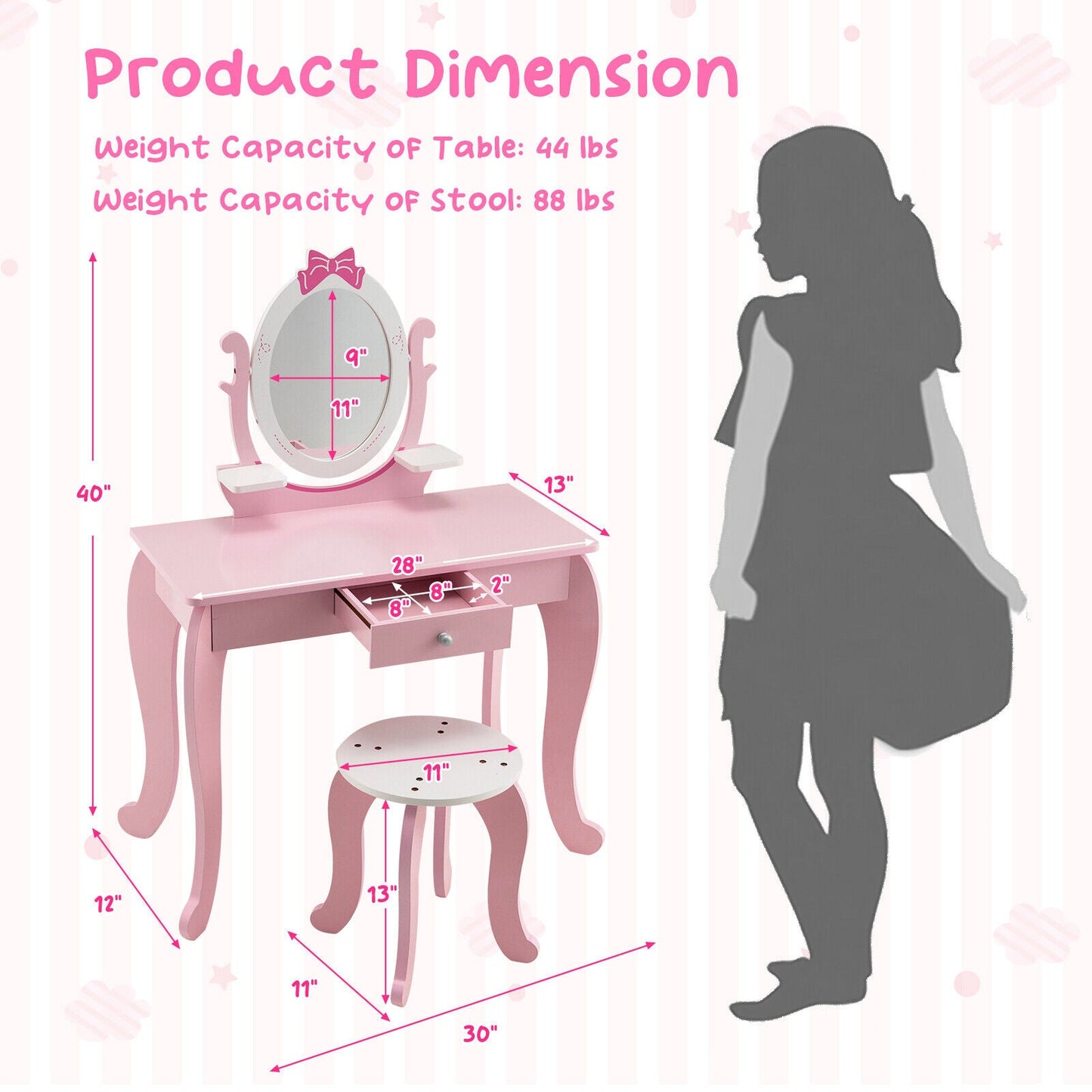 Conjunto de Mesa de Tocador y Taburete para Niños con Espejo Rotatorio - Rosa