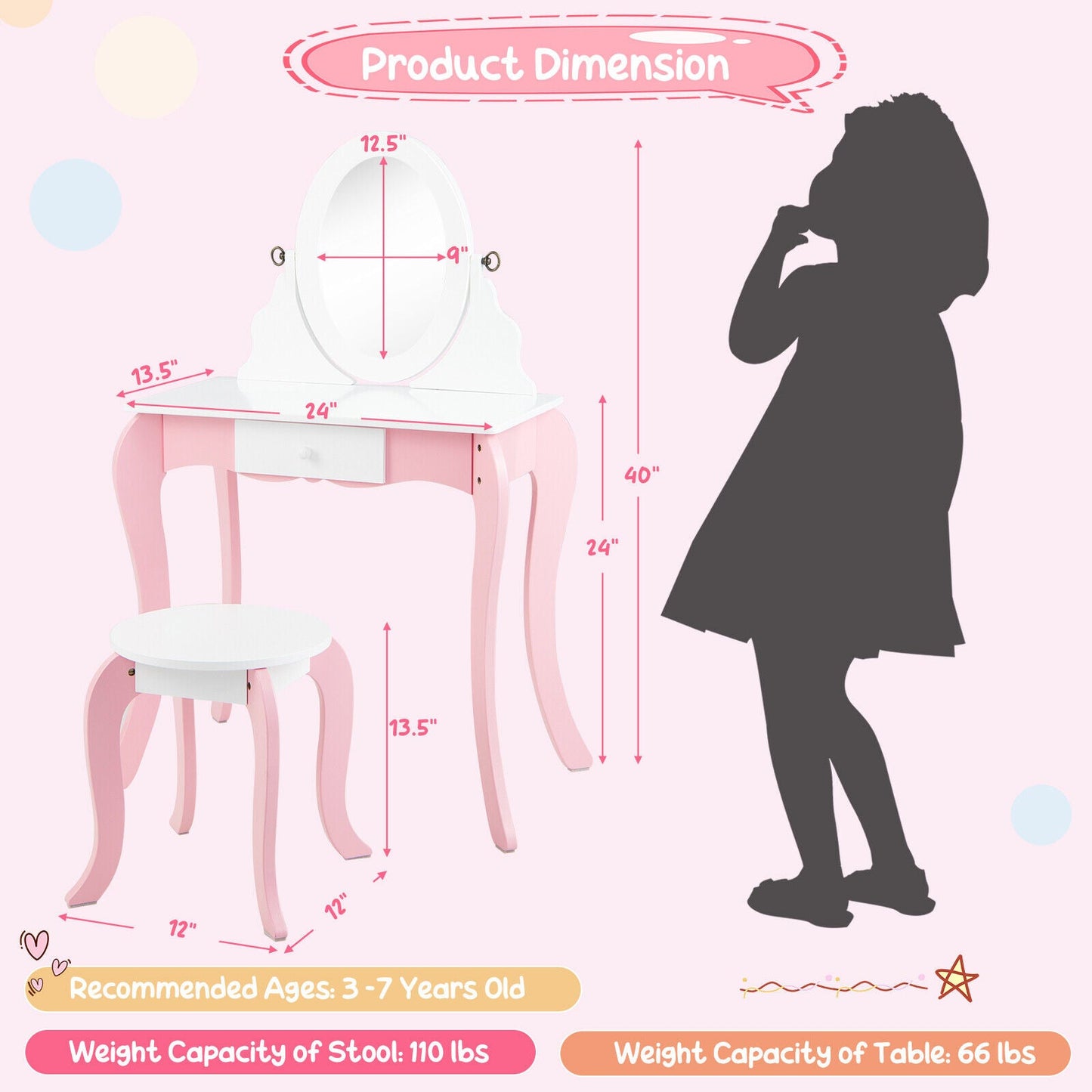 Ensemble de coiffeuse pour enfants Gbruno avec miroir rotatif à 360°