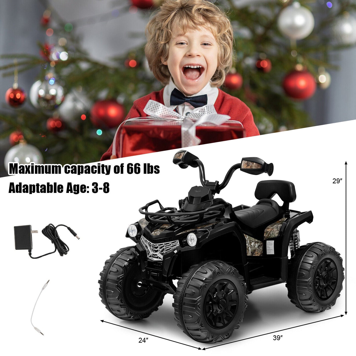 12V Kids Ride On ATV 4 Wheeler with MP3 and Headlights - Black