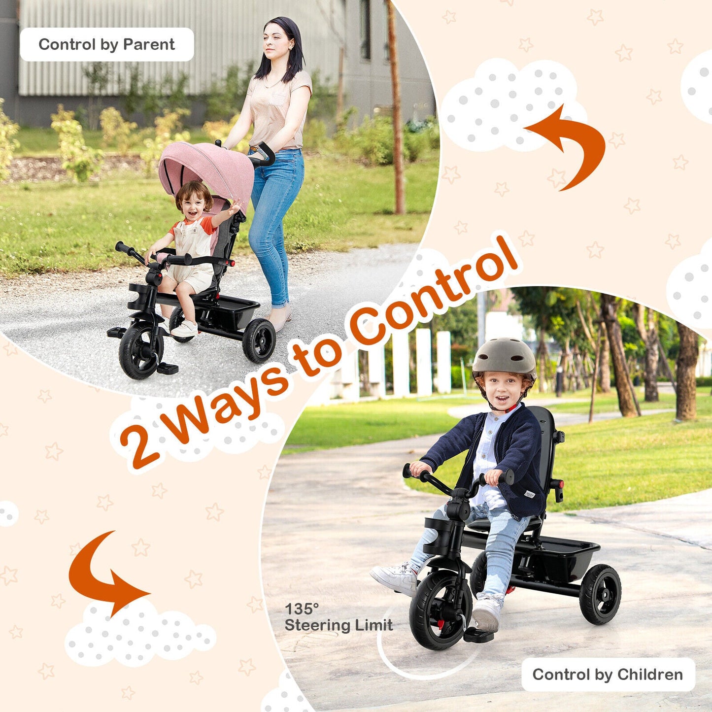 4-in-1 Baby Tricycle Toddler Trike - Pink