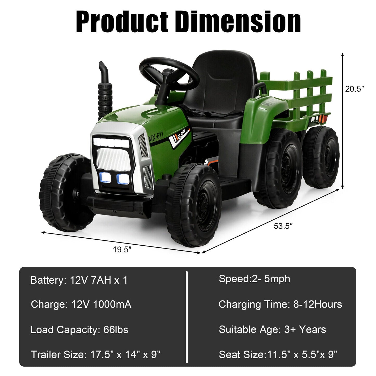 Tractor Eléctrico de 12V con Cargador para Niños de 3 Años en Adelante - Verde Oscuro