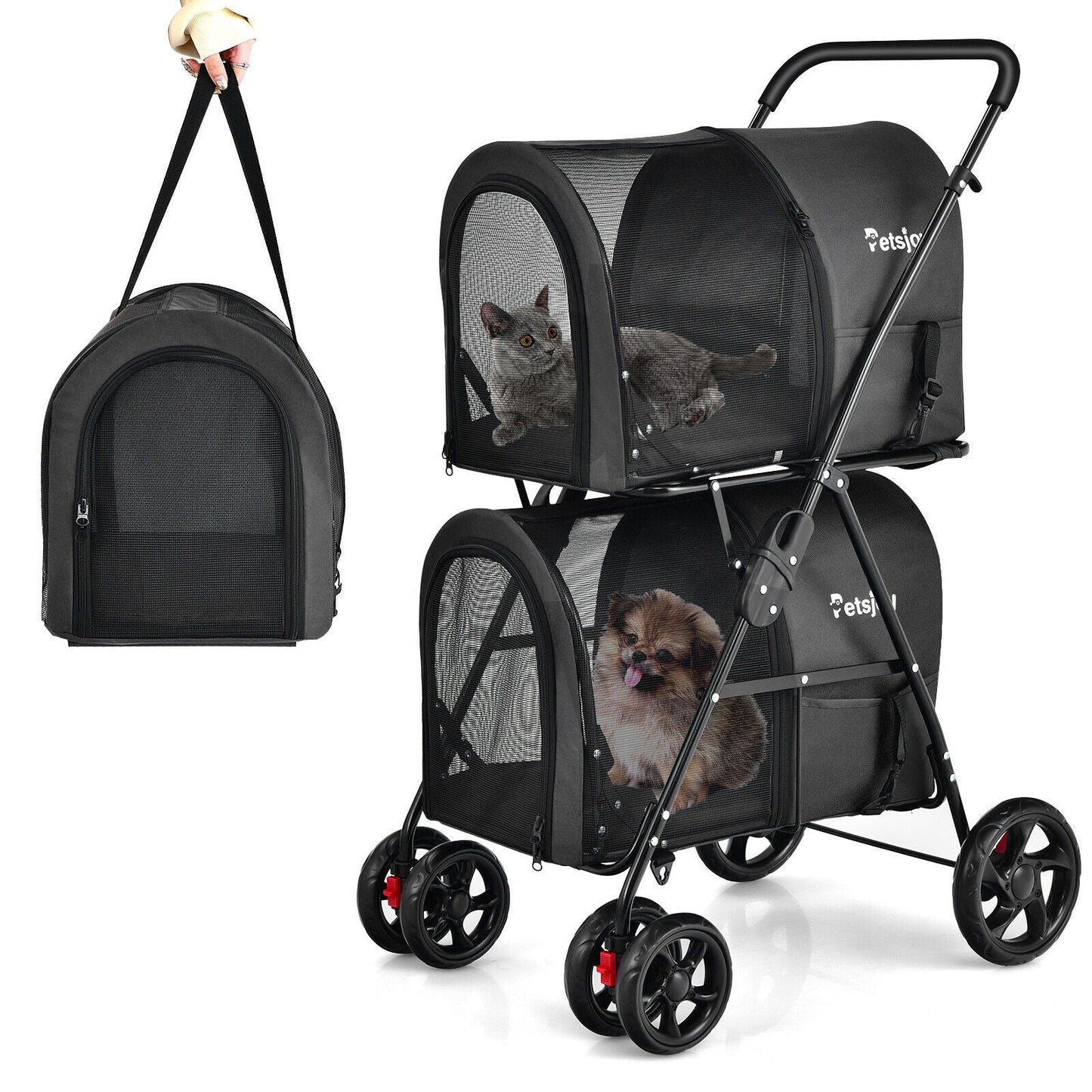 Carrito para Mascotas Doble 4 en 1 con Transportín Desmontable - Negro