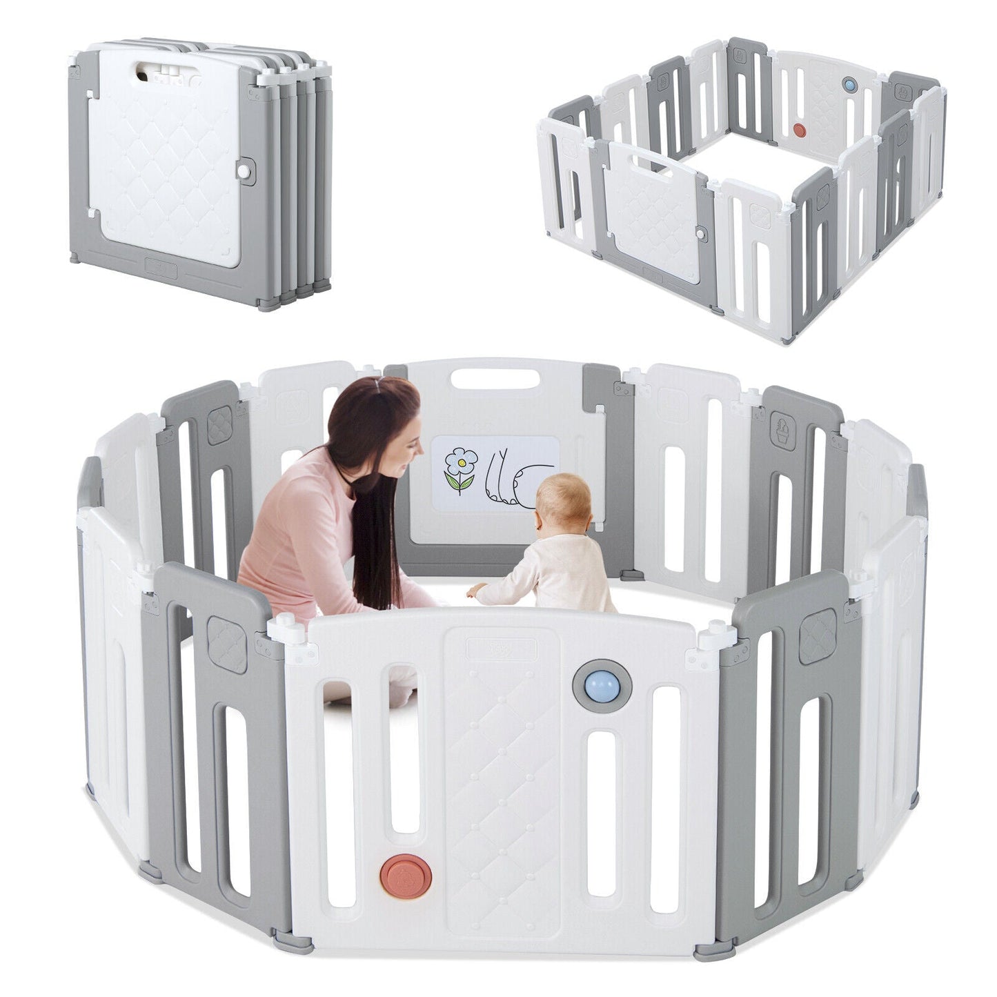 14 Panels Kids Safety Activity Play Center with Drawing Board - Gray